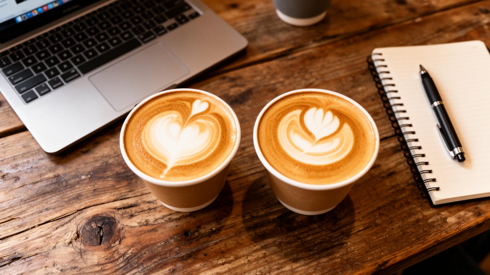Two lattes on a wooden cafe table, ready for a meeting